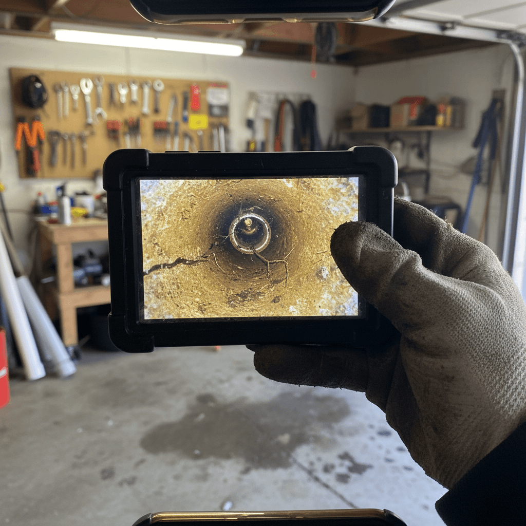 Nahaufnahme einer Rohrverstopfung Analyse mit Kamera