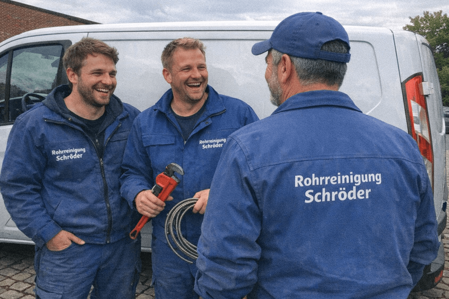 Zwei Techniker stehen am geöffneten Servicefahrzeug und besprechen einen Einsatzplan neben einer Kameraeinheit
